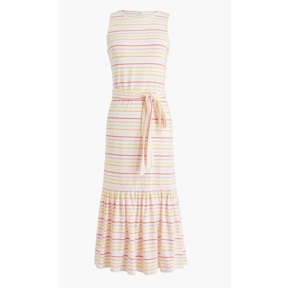 NWT J. Crew Striped Knit Tie-Waist Midi Dress White Pink Orange Medium ‎ BF879